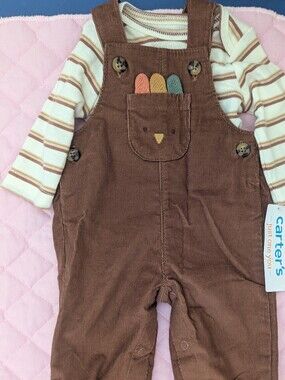 Carter's Brown Corduroy Overalls with Striped Cream Shirt